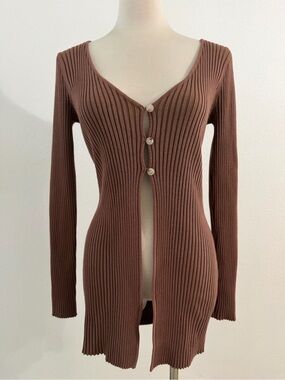 NWOT West of Melrose Ribbed Knit Button Front Cardigan Brown Fitted Y2K Coquette